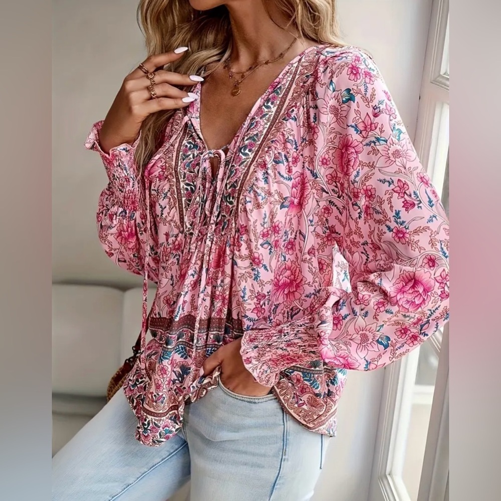 Boho Floral Peasant Blouse XL Pink Smocked Sleeves Tie Neck Top NWOT - Picture 10 of 13